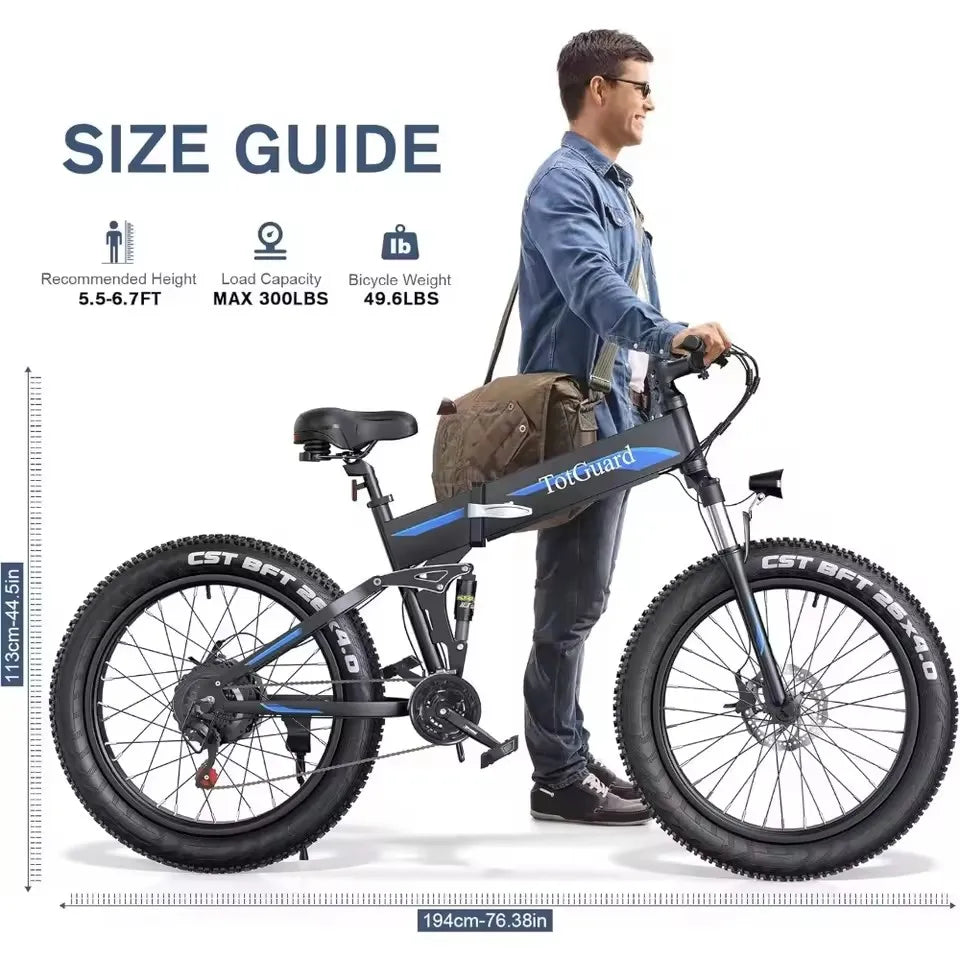 26" x4.0 Fat Tire Electric Bike, Folding Electirc Bike for Mountain Commuter, 500W Motor 21.6 MPH, Ebikes for Adults