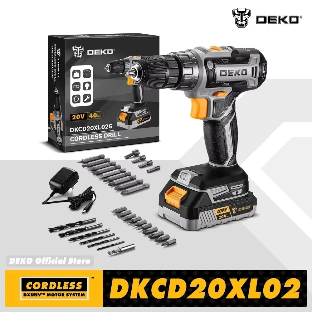 DEKO 20V Cordless Electric Drill has two changing speeds 18+1 Torque Screwdriver 29pcs Drill Set with 1.5ah Battery and Charger
