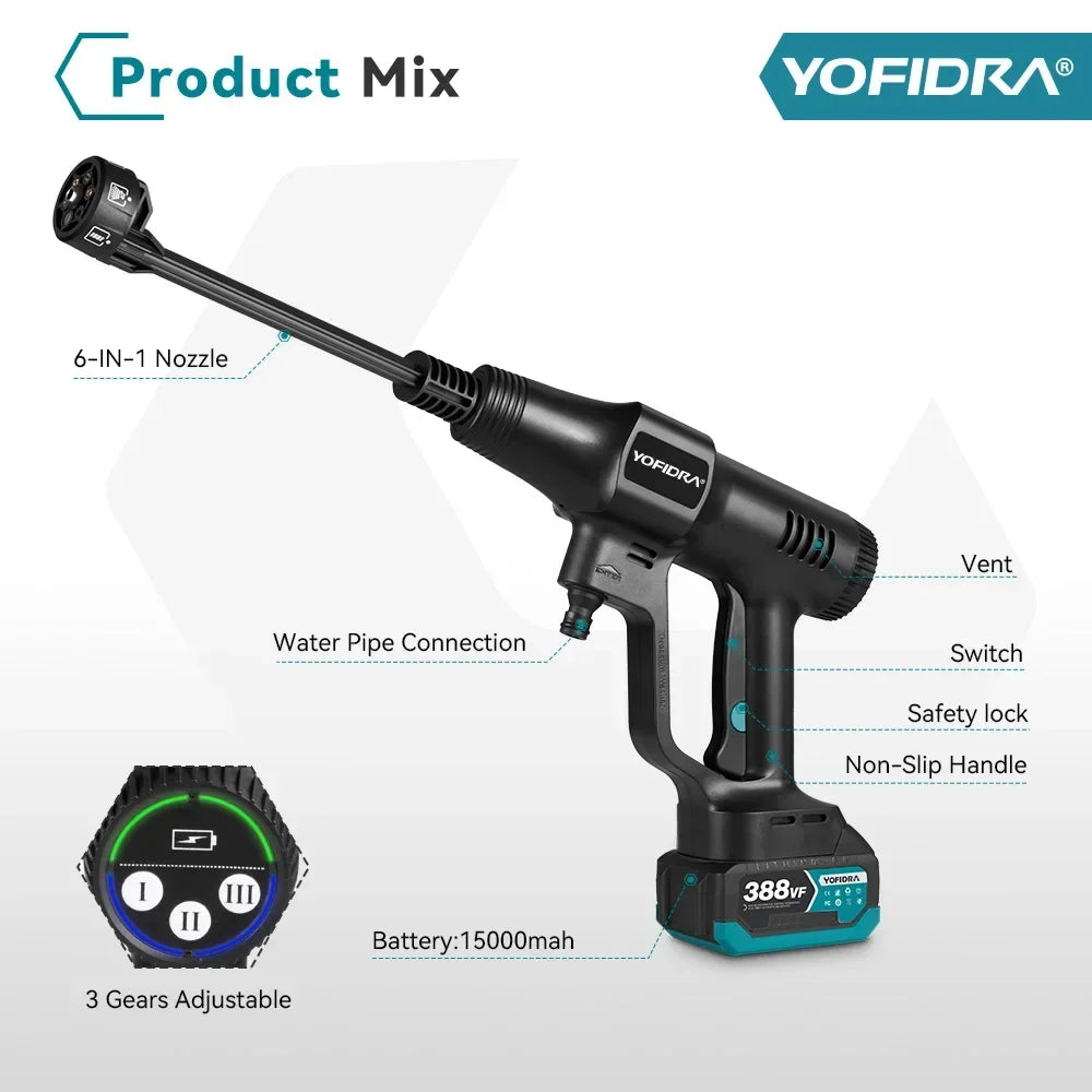 Yofidra 200Bar Brushless Electric Water Gun 3 Gears Cordless Rechargeable Car Garden Cleaning Tools For Makita 18v Battery Pin
