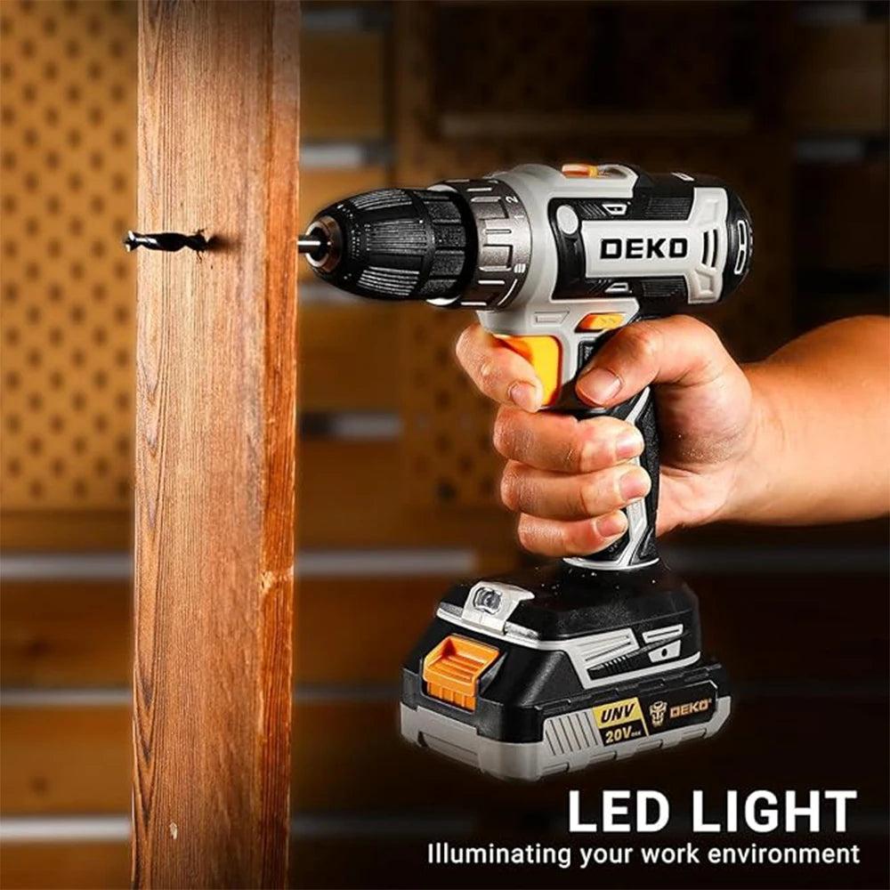 DEKO 20V Cordless Electric Drill has two changing speeds 18+1 Torque Screwdriver 29pcs Drill Set with 1.5ah Battery and Charger