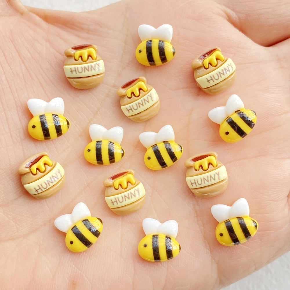 20Pcs Cute Mini Cartoon Bee, Honey Pot Nail Art Flat back Rhinestone Bead Scrapbook DIY Manicures Appliques Accessories Crafts