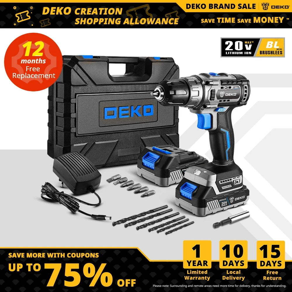 DEKO 20V Brushless Cordless Drill Combo Kit Mini Electric Screwdriver 2 Speed ​​Power Tools for Woodworking