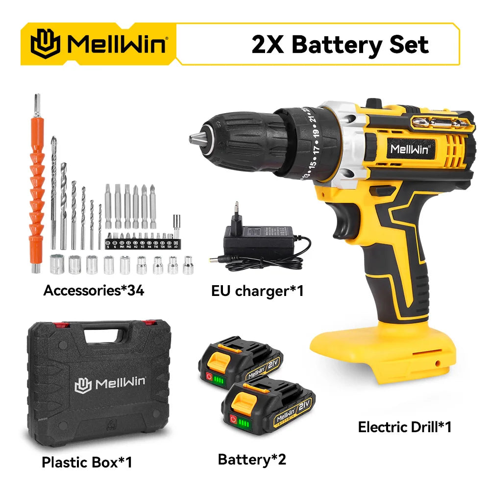 MELLWIN 25+3 Torque Electric Impact Drill 2 Speed ​​Adjustable Cordless Electric Screwdriver Power Tool For Makita 18V Battery Pin
