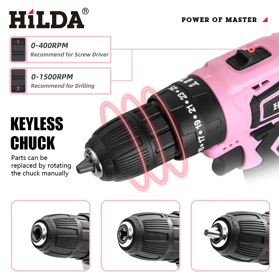 HILDA 21V Pink Drill Cloth Bag Set with Accessories and Two Batteries Suitable for DIY Home Decoration