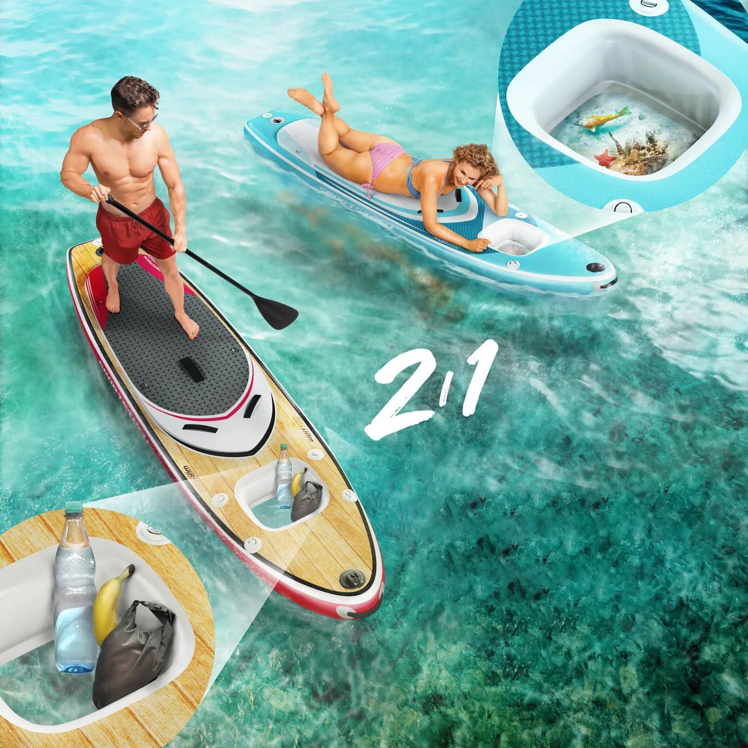 11ft Double Layer Wood Stand up Paddle Board Underwater Viewing SUP Surf Board With Cam Action Kayak Seat Wheel Bag