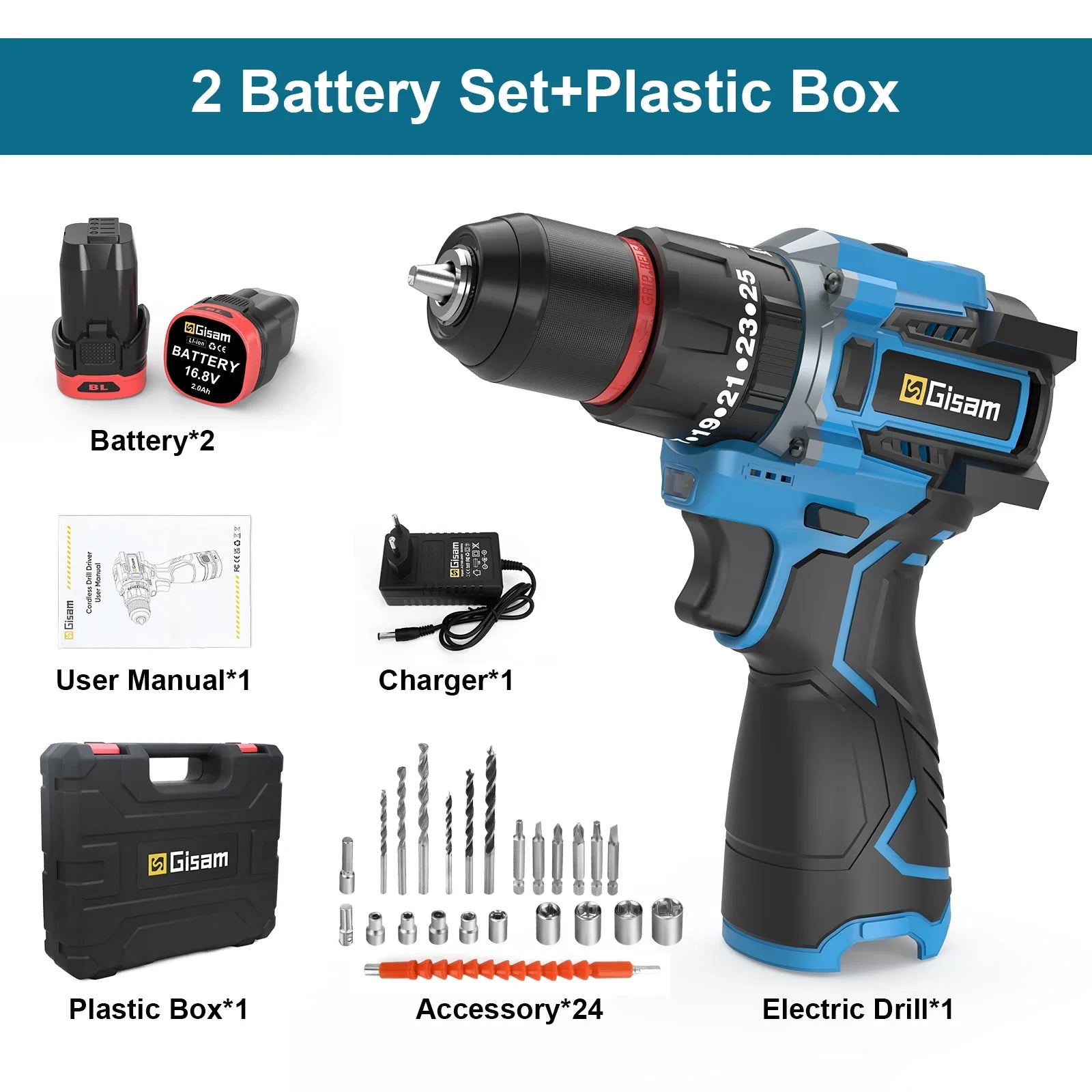 Gisam 95NM 25+3 Torque Brushless Electric Drill Protable Electric Screwdriver Metal Ratchet Chuck Cordless Drill DIY Power Tools
