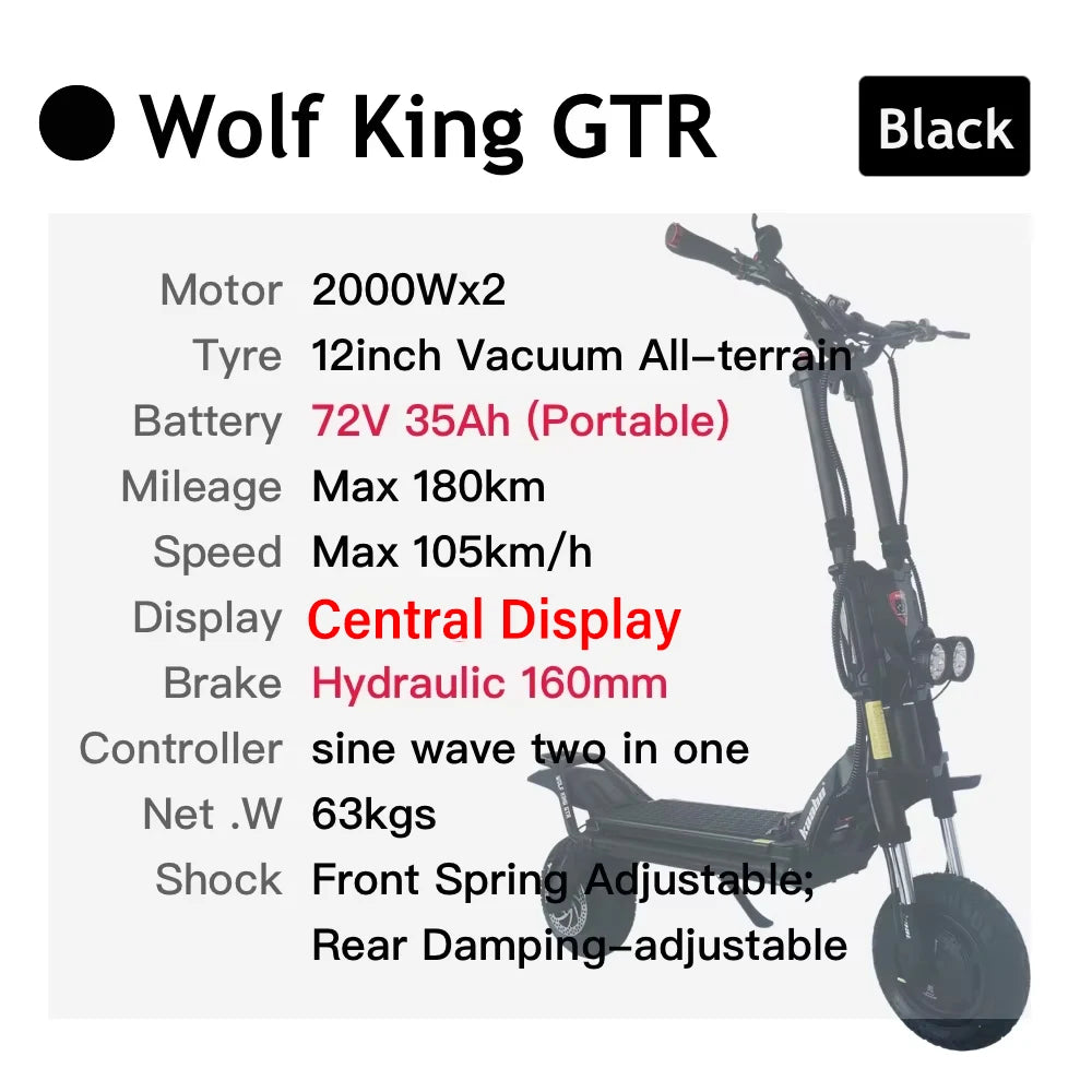 KAABO Wolf King GTR 72V 35Ah 2000W*2 Dual Motor Hydraulic Brake Central Display 12inch Wolf King GTR Removable Battery Scooter