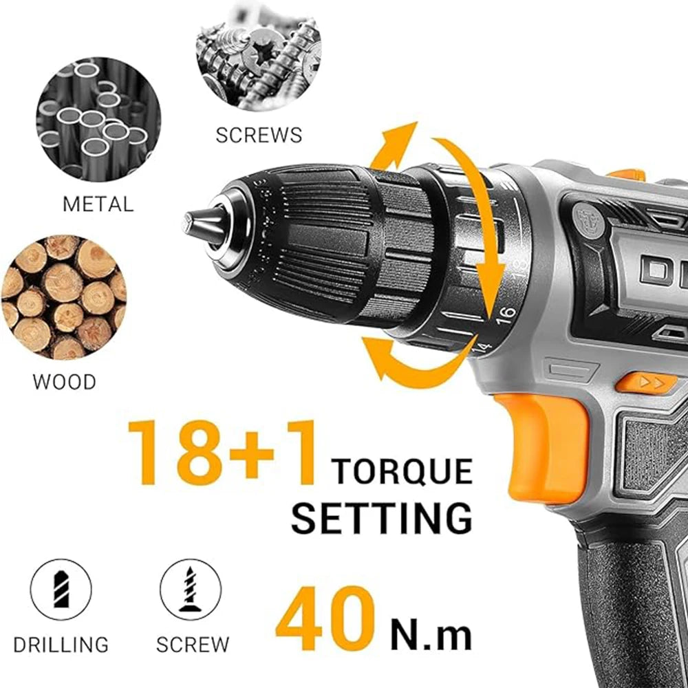 DEKO 20V Cordless Electric Drill has two changing speeds 18+1 Torque Screwdriver 29pcs Drill Set with 1.5ah Battery and Charger