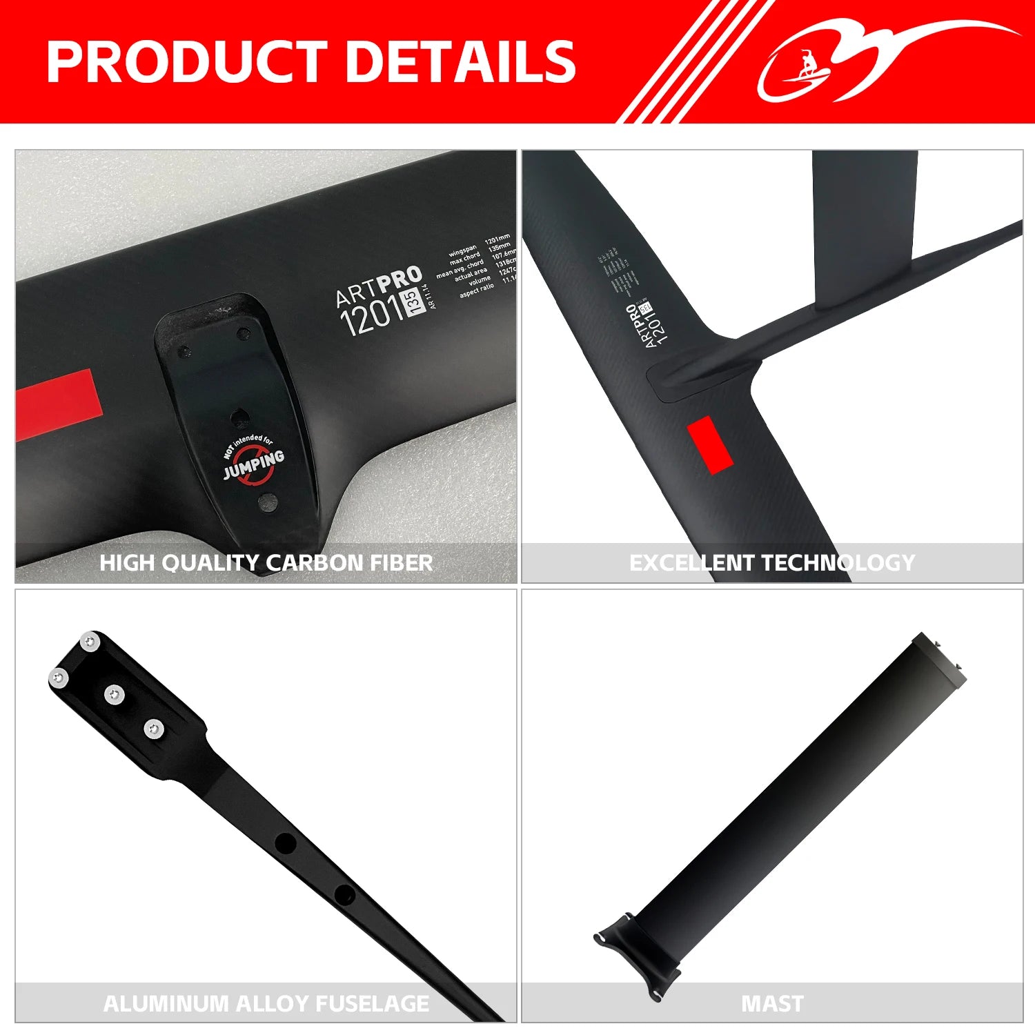 GY- ART PRO 1201 Ultra-Light Carbon Fiber Hydrofoil 1291sqcm Unpowered for Downwinding and Surfing Pump Accessory