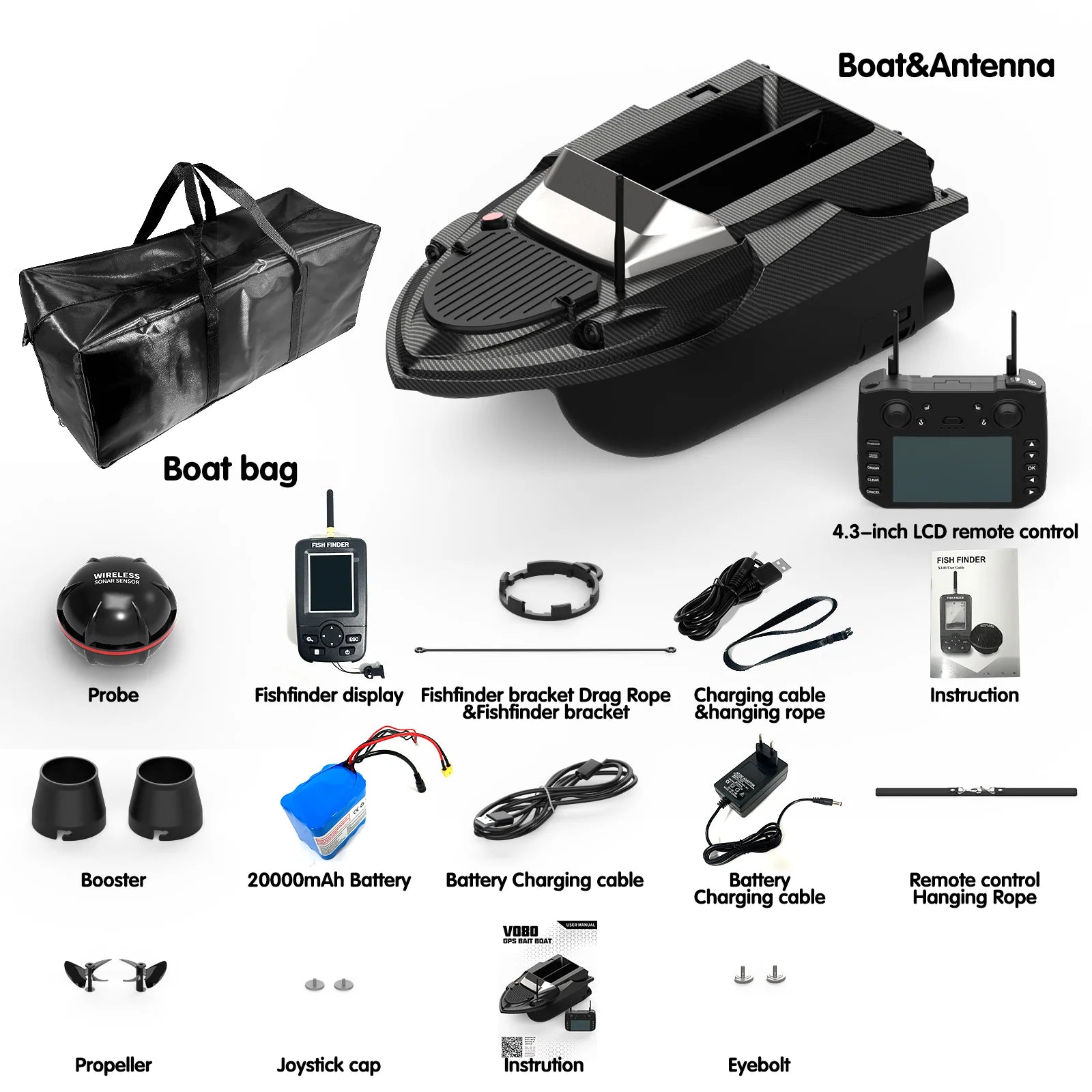 Flytec Official Store V080 Sonar GPS Bait Boat 12V 3KG 800M 180Points Auto Cruise Feeding Trawler RC Bait Boat with Fishfinder