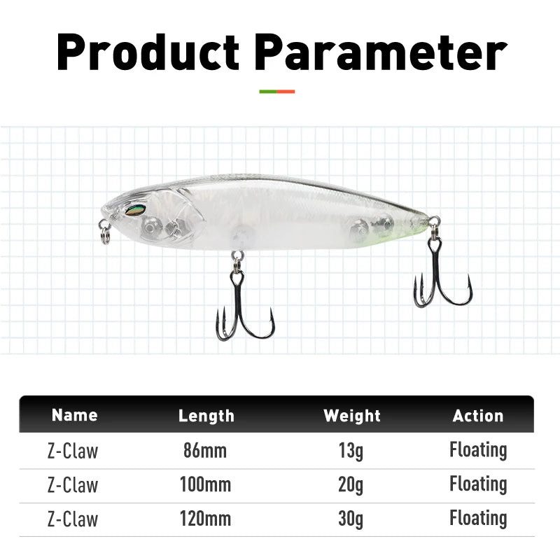 LEYDUN Z-Claw Fishing Lures Floating Pencil 86mm 100mm 120mm Topwater Hard Baits Surface Stickbait Good Action Bass Wobblers