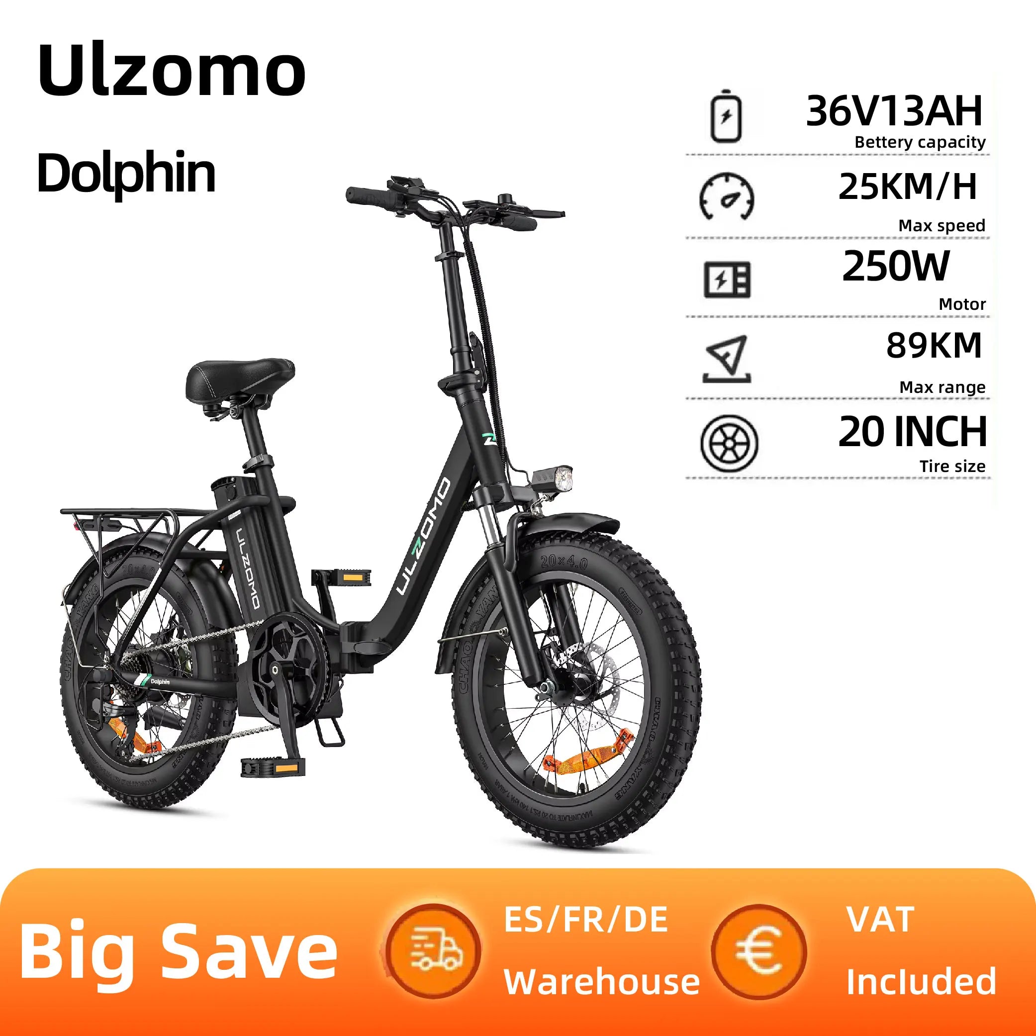 Ulzomo Dolphin Electric Bicycle 250W Motor 36V 13AH City Electric Bike For Commuter 20 Inch Fat Tire E-Bike For Adult