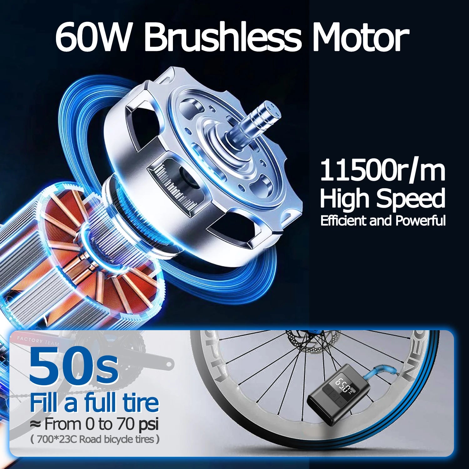 Portable mini electric pump, suitable for wireless bicycle tire inflation pump, features a screen, 25 minutes quick charging, ma