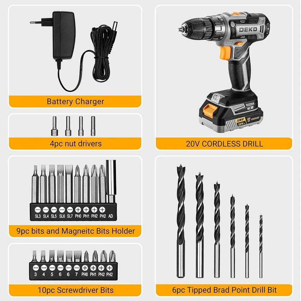 DEKO 20V Cordless Electric Drill has two changing speeds 18+1 Torque Screwdriver 29pcs Drill Set with 1.5ah Battery and Charger