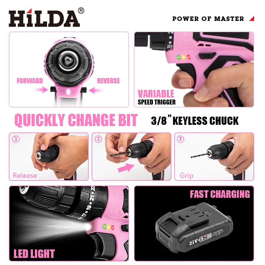 HILDA 21V Pink Drill Cloth Bag Set with Accessories and Two Batteries Suitable for DIY Home Decoration