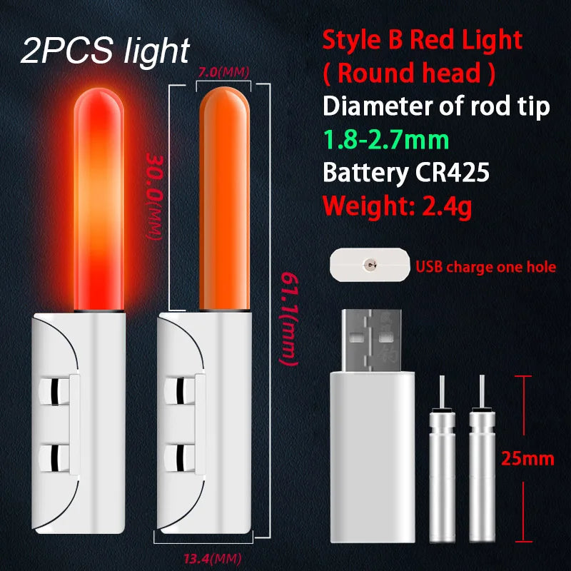 2PCS Fishing Floats Stick Light Warning Reminder Lights Fishing Buoy LED Rod Tip Luminous CR425 USB Charging Night Pesca Tackle