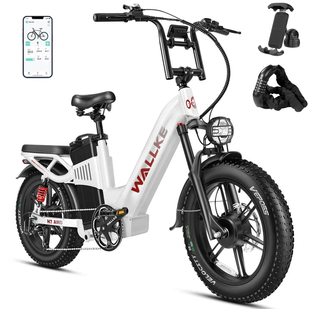 W Wallke H7 Electric Bicycle 1200W/2000W Dual Motor Electric Bike 40Ah/60Ah Step Thru Ebike 20*4'' Fat Tire Ebike W/APP Control