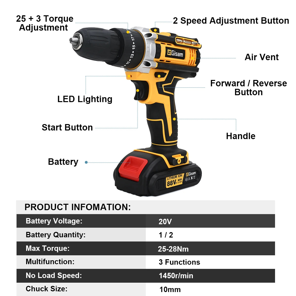 Gisam 25+3 Torque Electric Impact Screwdriver Multifunctional Cordless Drill Power Tool Setting 2 Gear Speed ​​with 2 Batteries