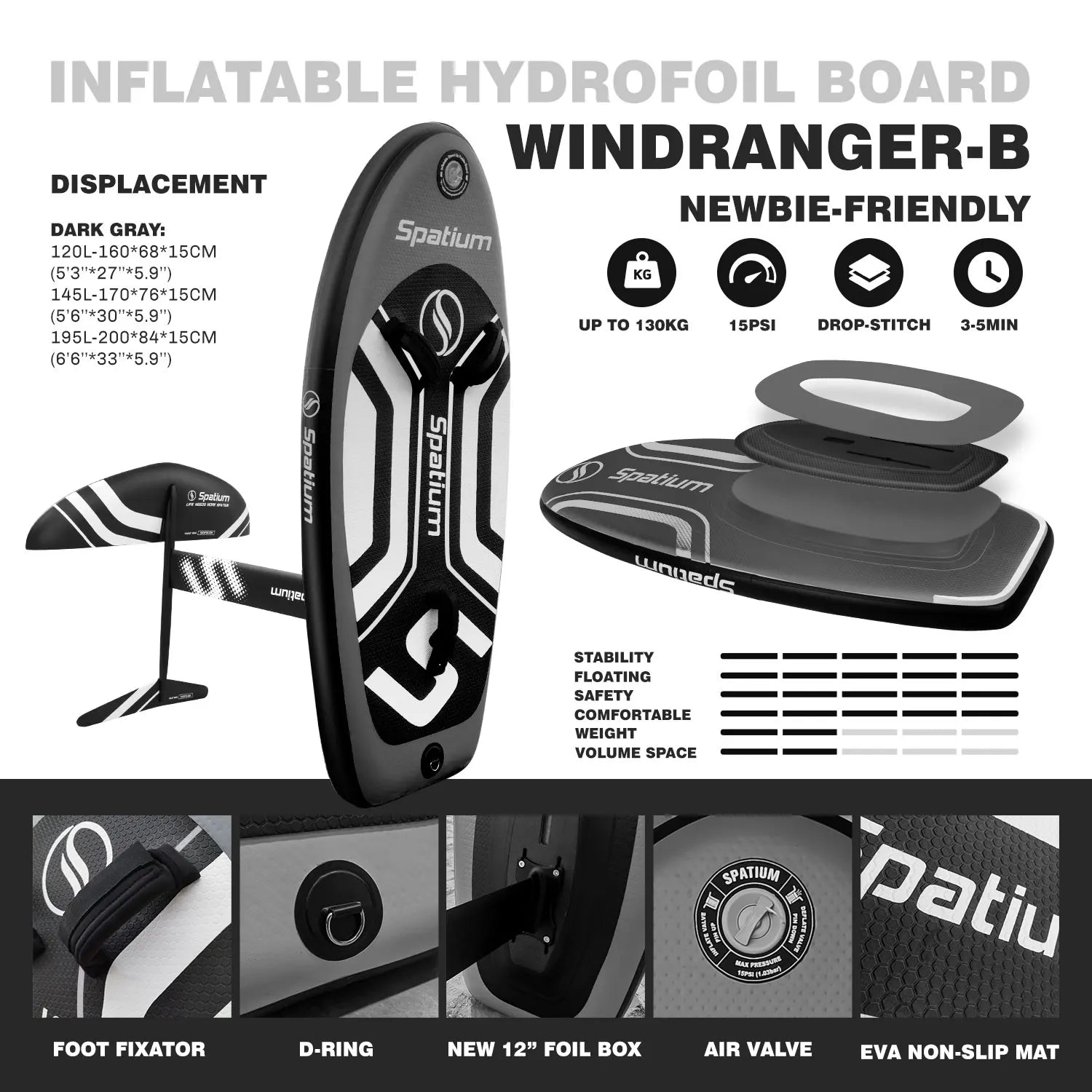 Spatium 2025 New Design Surfboard Inflatable Wing Foil Board Hydrofoil for Water Sport