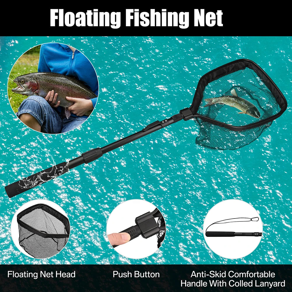 Floating Fishing Net Foldable Landing Net Easy Catch&amp;Release with Telescopic Pole Rubber Coated Fish Net for Saltwater Freshwate
