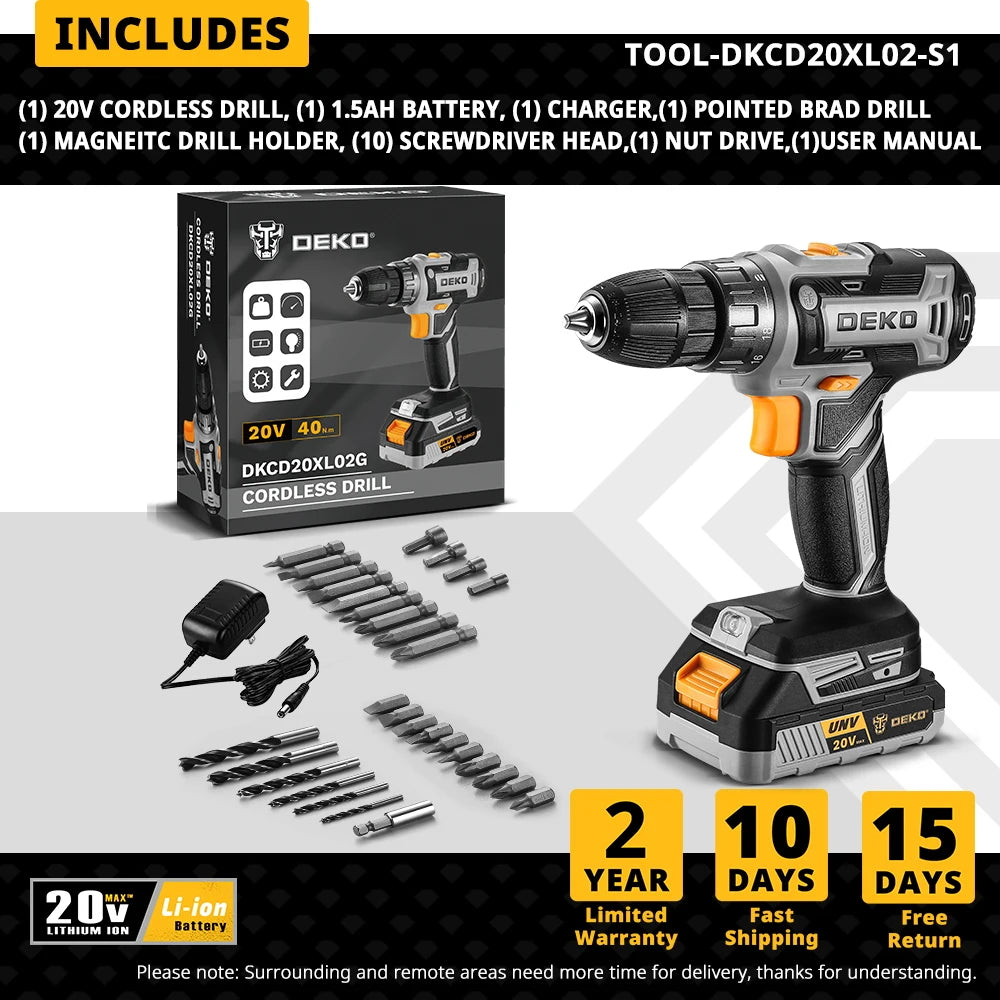 DEKO 20V Cordless Electric Drill has two changing speeds 18+1 Torque Screwdriver 29pcs Drill Set with 1.5ah Battery and Charger