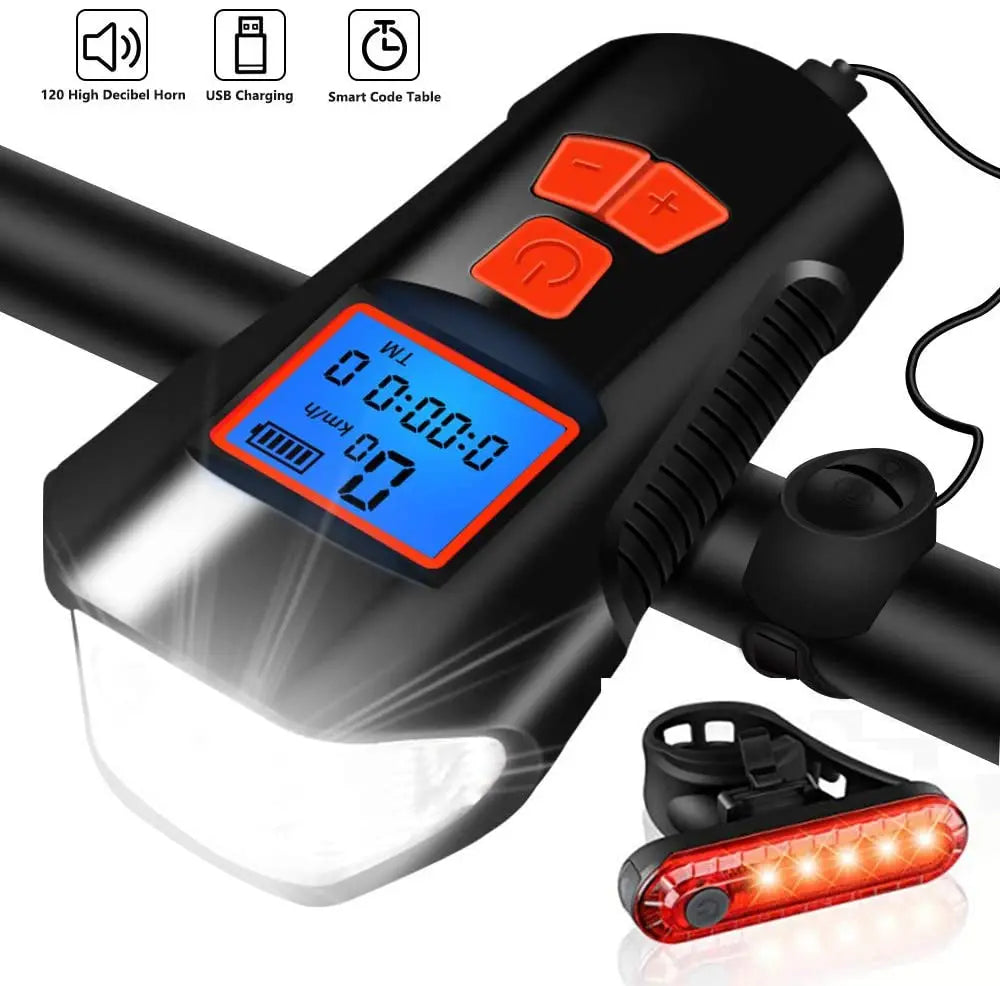 Bike Light Set,Bicycle Headlight with Horn and Speedometer Odometer,USB Rechargeable Bike Front Light and Tail Light