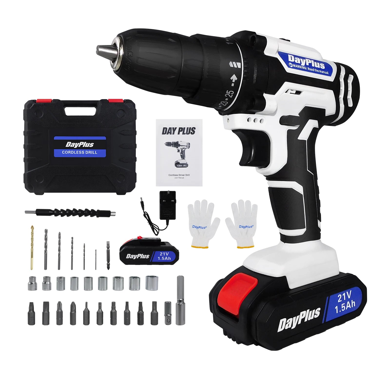DayPlus Cordless Drill Set Electric Screwdriver Drill Set with 2-Variable Speed, 25+1 Torque,21V Li-ion Battery &amp; Fast Charger