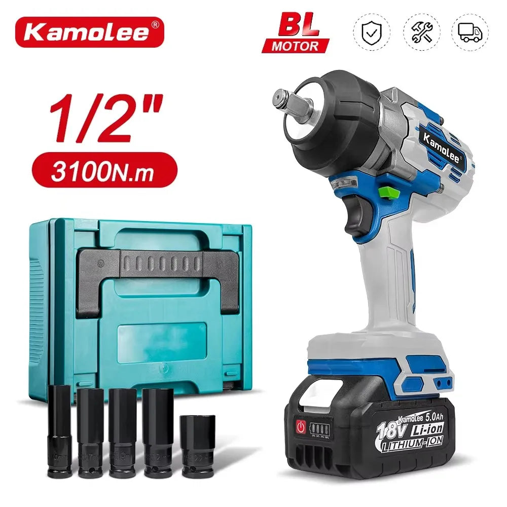 Kamolee 3100NM High Torque Wireless Charging Wrench 1/2 Inch 21V-24V Brushless Electric Impact Wrench Repair Power Tool Set