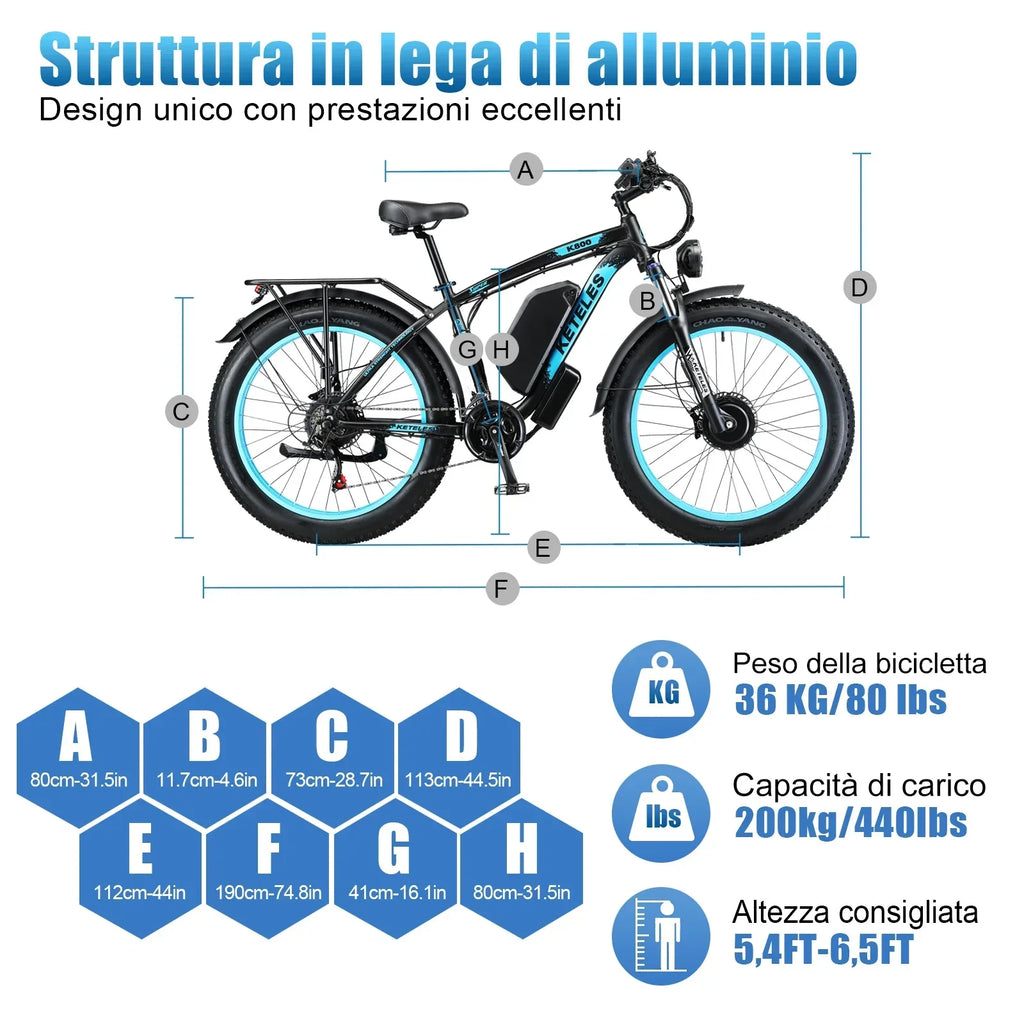 KETELES K800 Electric Bike 2000W Powerful Dual Motor 48V 23AH Battery 26*4.0 Fat Tire Bicycle Hydraulic Brake Mountain Ebike