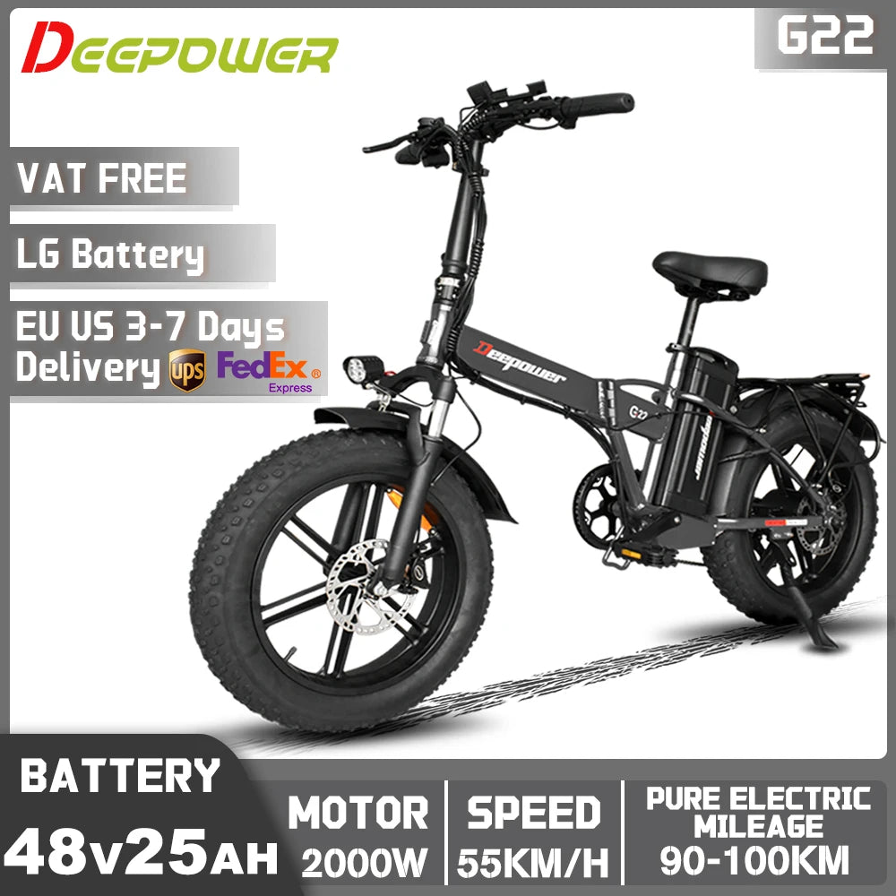 DEEPOWER G22 2000W Motor Electric Bicycle 48V 35AH LG Battery Ebike Folding Mountain Electric Bike Outdoor 7-speed Adult Bicycle