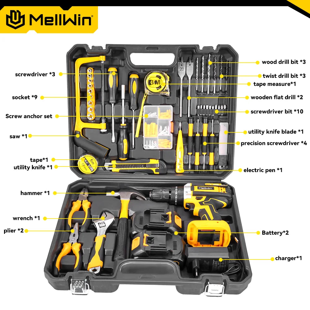 MELLWIN 25+3 Torque Electric Impact Drill 2 Speed ​​Adjustable Cordless Electric Screwdriver Power Tool For Makita 18V Battery Pin
