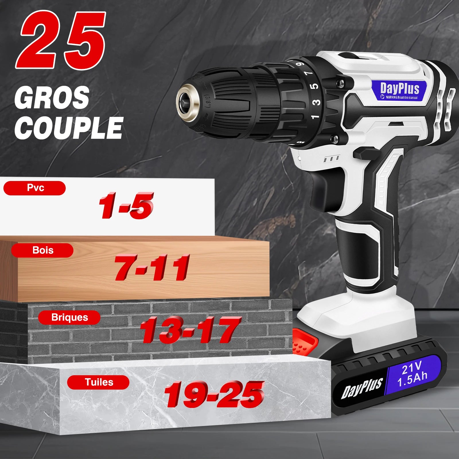 DayPlus Cordless Drill Set Electric Screwdriver Drill Set with 2-Variable Speed, 25+1 Torque,21V Li-ion Battery &amp; Fast Charger