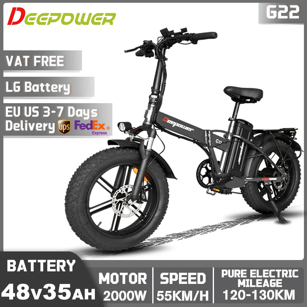 DEEPOWER G22 2000W Motor Electric Bicycle 48V 35AH LG Battery Ebike Folding Mountain Electric Bike Outdoor 7-speed Adult Bicycle