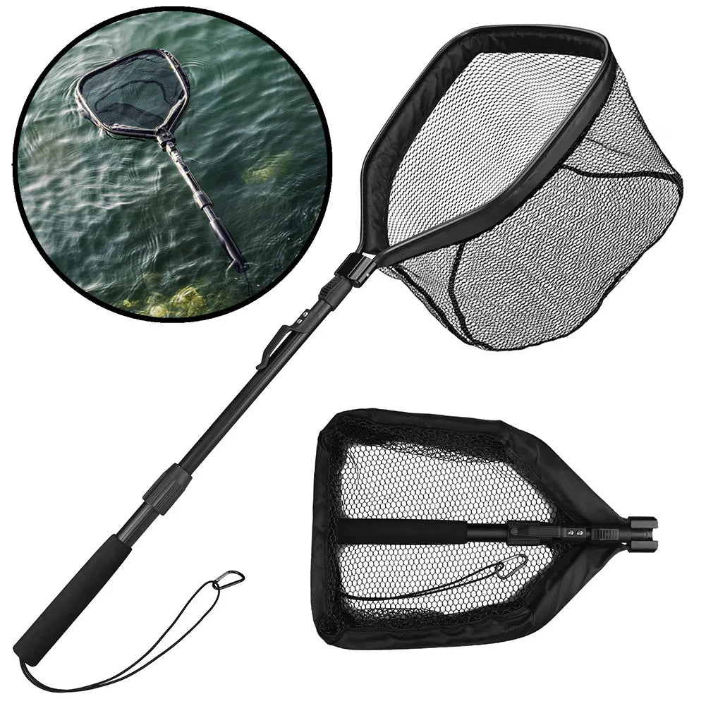 Floating Fishing Net Foldable Landing Net Easy Catch&amp;Release with Telescopic Pole Rubber Coated Fish Net for Saltwater Freshwate