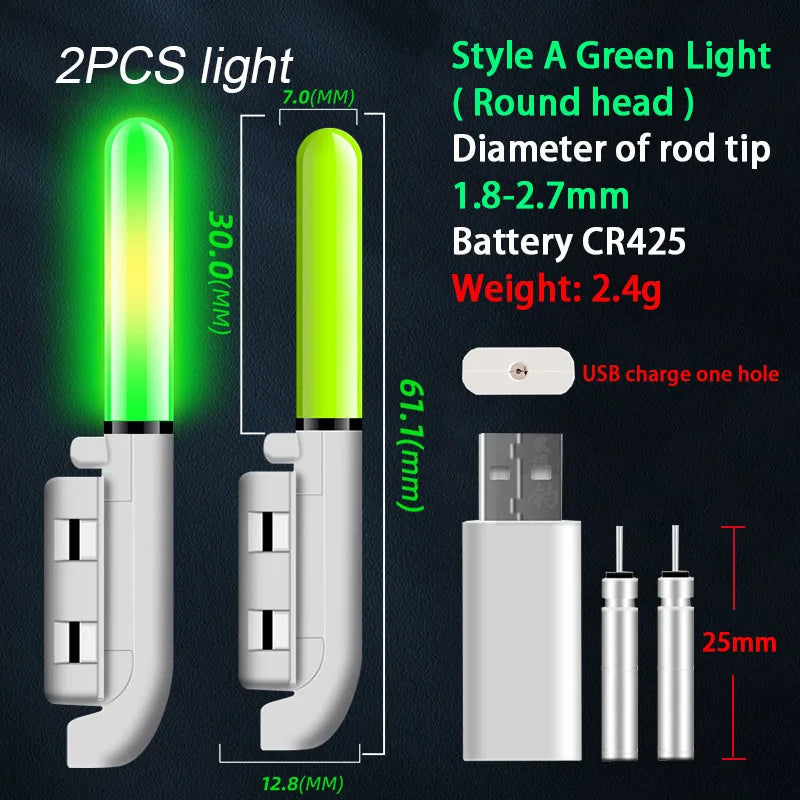 2PCS Fishing Floats Stick Light Warning Reminder Lights Fishing Buoy LED Rod Tip Luminous CR425 USB Charging Night Pesca Tackle