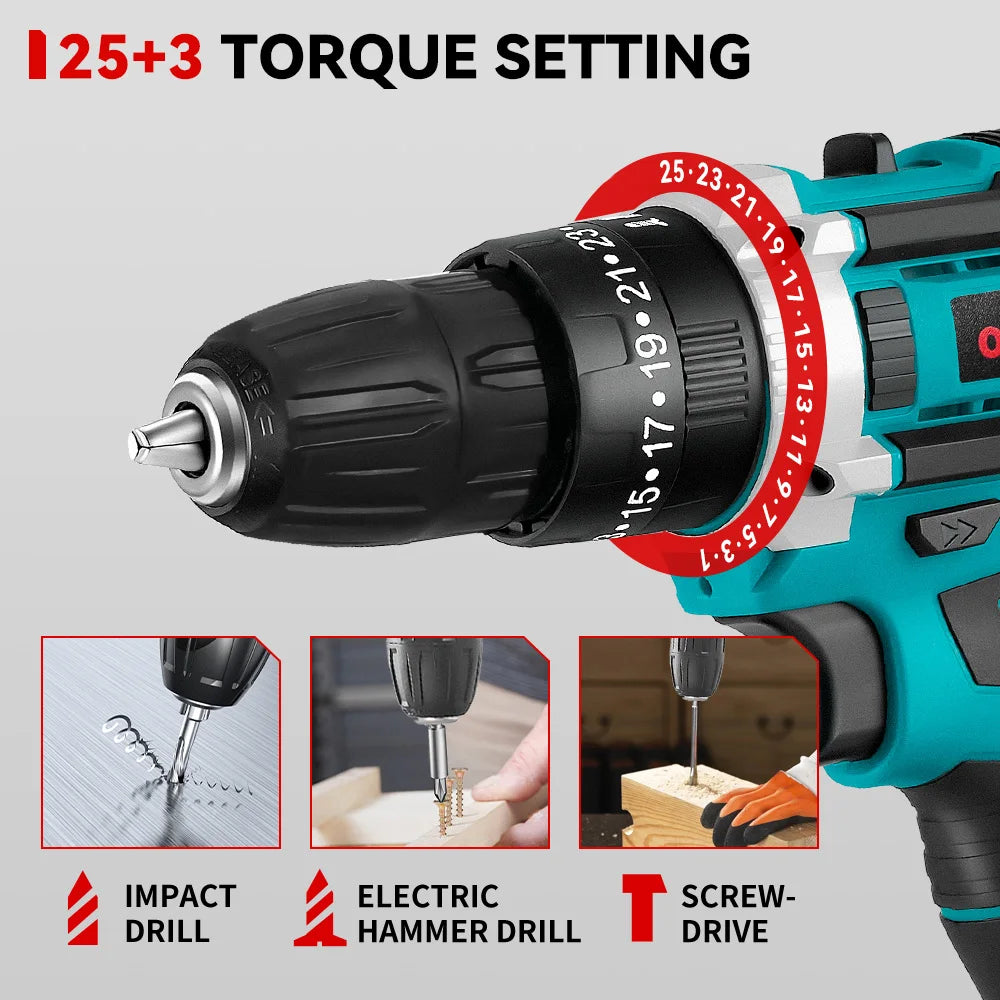 ONEVAN 25+3 Torque Electric Drill Portable Cordless Impact drill Furniture Wood Power Screwdriver Tools For Makita Battery Pin