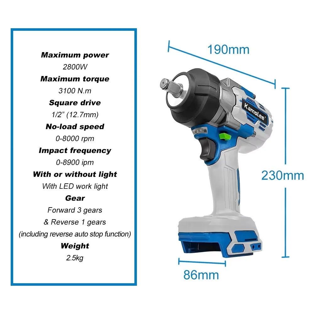 Kamolee 3100NM High Torque Wireless Charging Wrench 1/2 Inch 21V-24V Brushless Electric Impact Wrench Repair Power Tool Set
