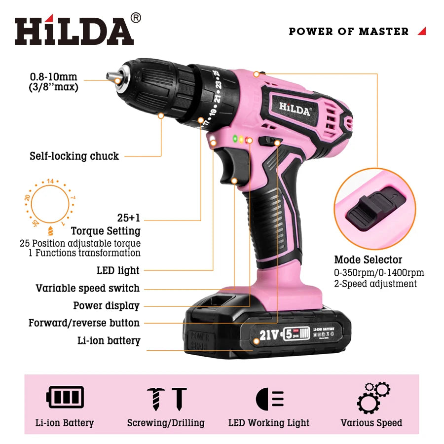 HILDA 21V Pink Drill Cloth Bag Set with Accessories and Two Batteries Suitable for DIY Home Decoration