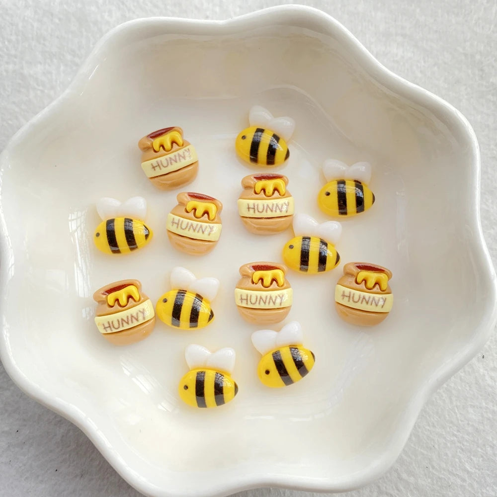 20Pcs Cute Mini Cartoon Bee, Honey Pot Nail Art Flat back Rhinestone Bead Scrapbook DIY Manicures Appliques Accessories Crafts