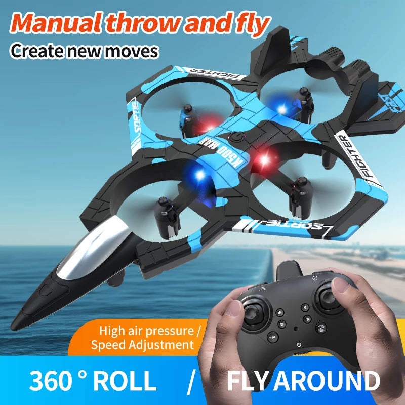 K500max Fighter Jet Quadcopter Drone Rolling Stunt Lights Rc Airplane Four Channels Hovering High Altitude Toy Remote Control