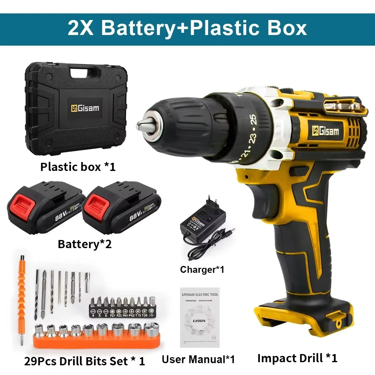 Gisam 25+3 Torque Electric Impact Screwdriver Multifunctional Cordless Drill Power Tool Setting 2 Gear Speed ​​with 2 Batteries
