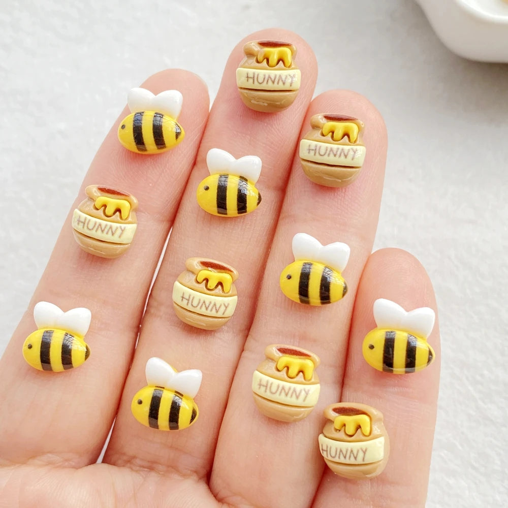 20Pcs Cute Mini Cartoon Bee, Honey Pot Nail Art Flat back Rhinestone Bead Scrapbook DIY Manicures Appliques Accessories Crafts
