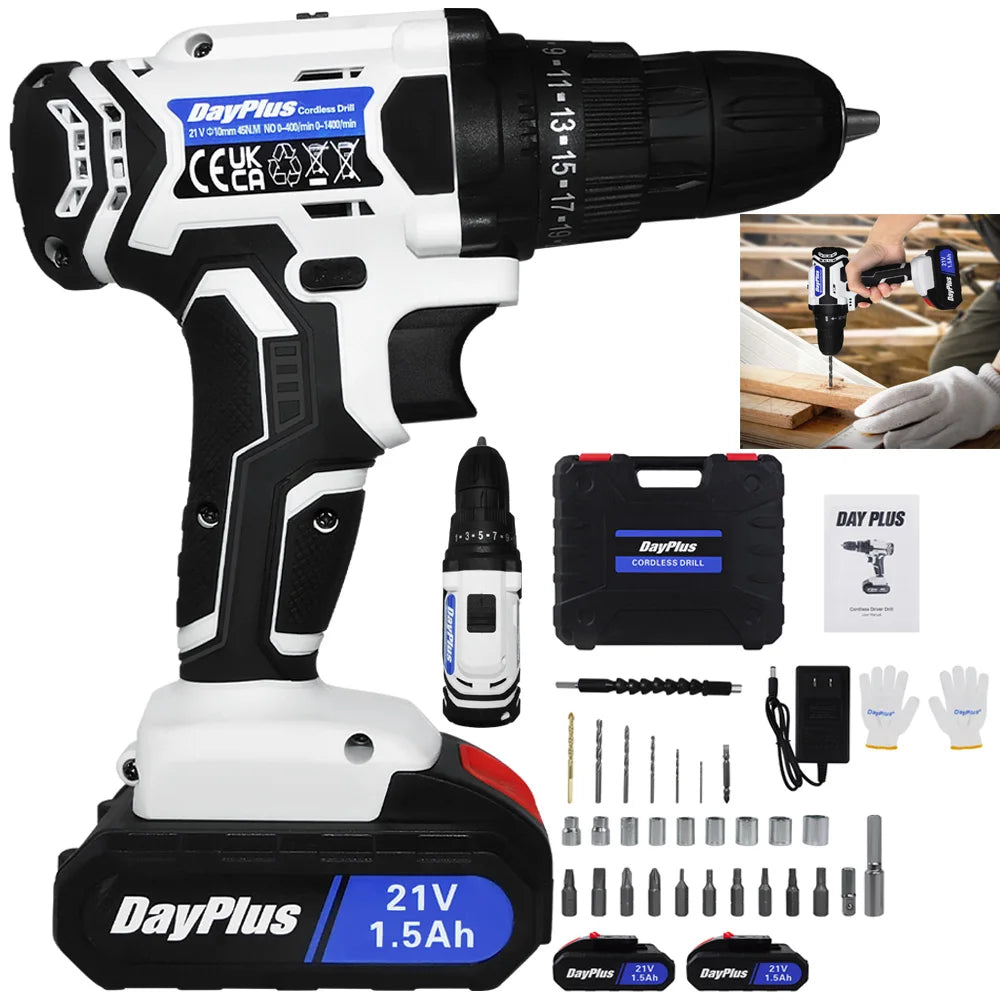 DayPlus Cordless Drill Set Electric Screwdriver Drill Set with 2-Variable Speed, 25+1 Torque,21V Li-ion Battery &amp; Fast Charger