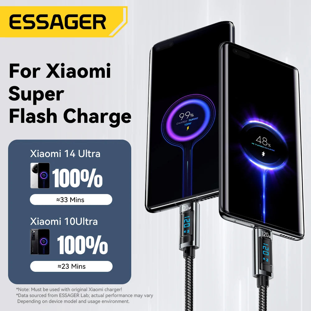 Essager 120W USB  Type C Cable Fast Charging USB C Charger Cord For For iPhone 15 14 13 12 Huawei With Led Digital Display Cable