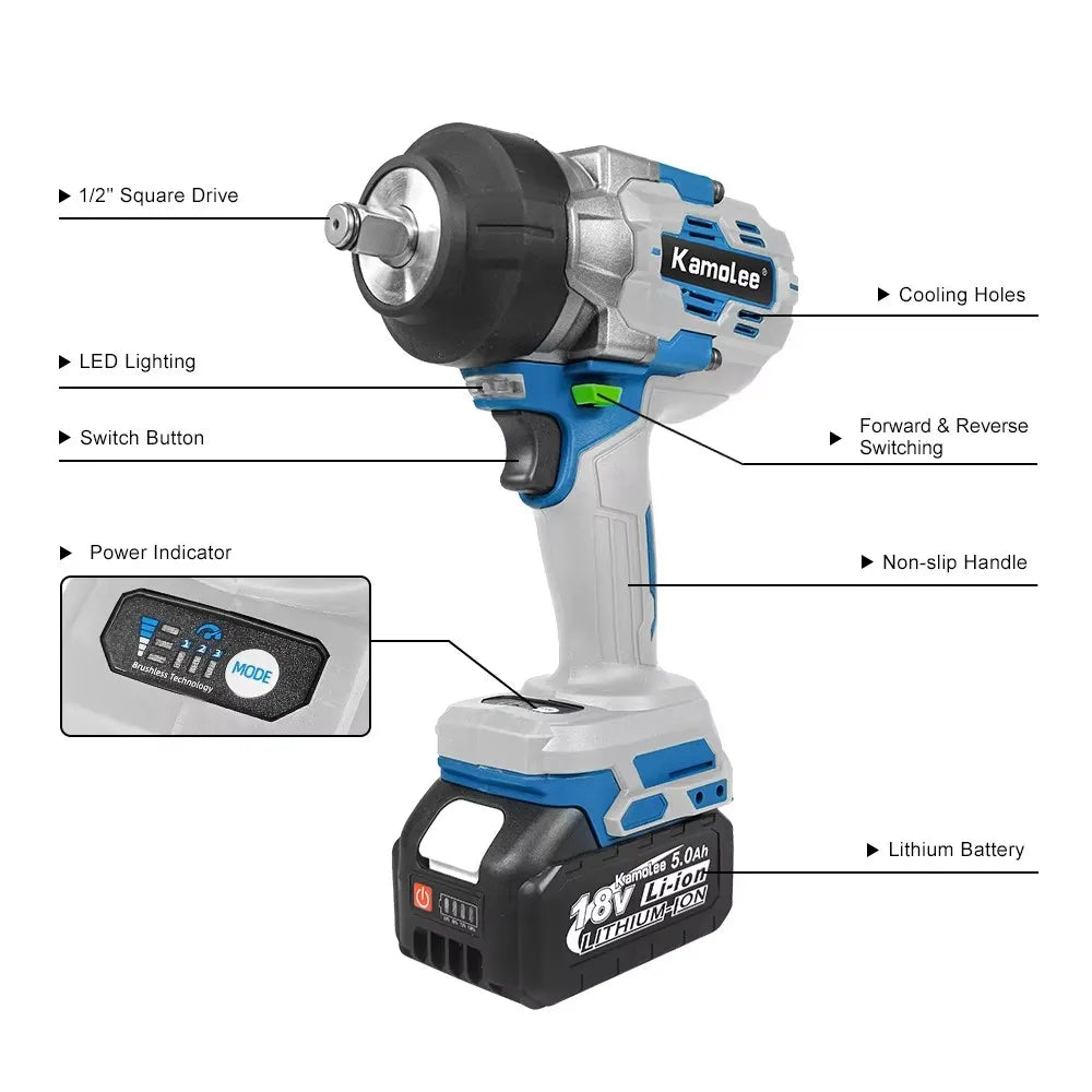 Kamolee 3100NM High Torque Wireless Charging Wrench 1/2 Inch 21V-24V Brushless Electric Impact Wrench Repair Power Tool Set