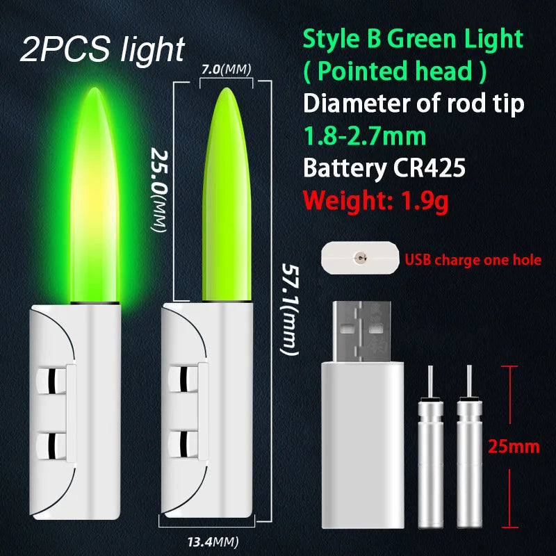 2PCS Fishing Floats Stick Light Warning Reminder Lights Fishing Buoy LED Rod Tip Luminous CR425 USB Charging Night Pesca Tackle