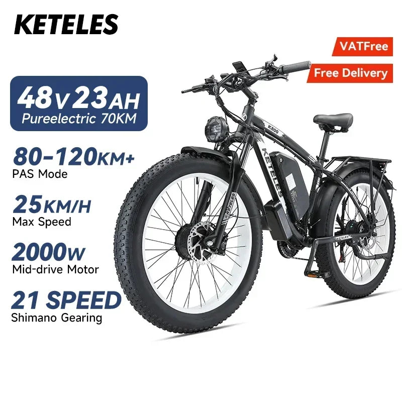KETELES K800 Electric Bike 2000W Powerful Dual Motor 48V 23AH Battery 26*4.0 Fat Tire Bicycle Hydraulic Brake Mountain Ebike