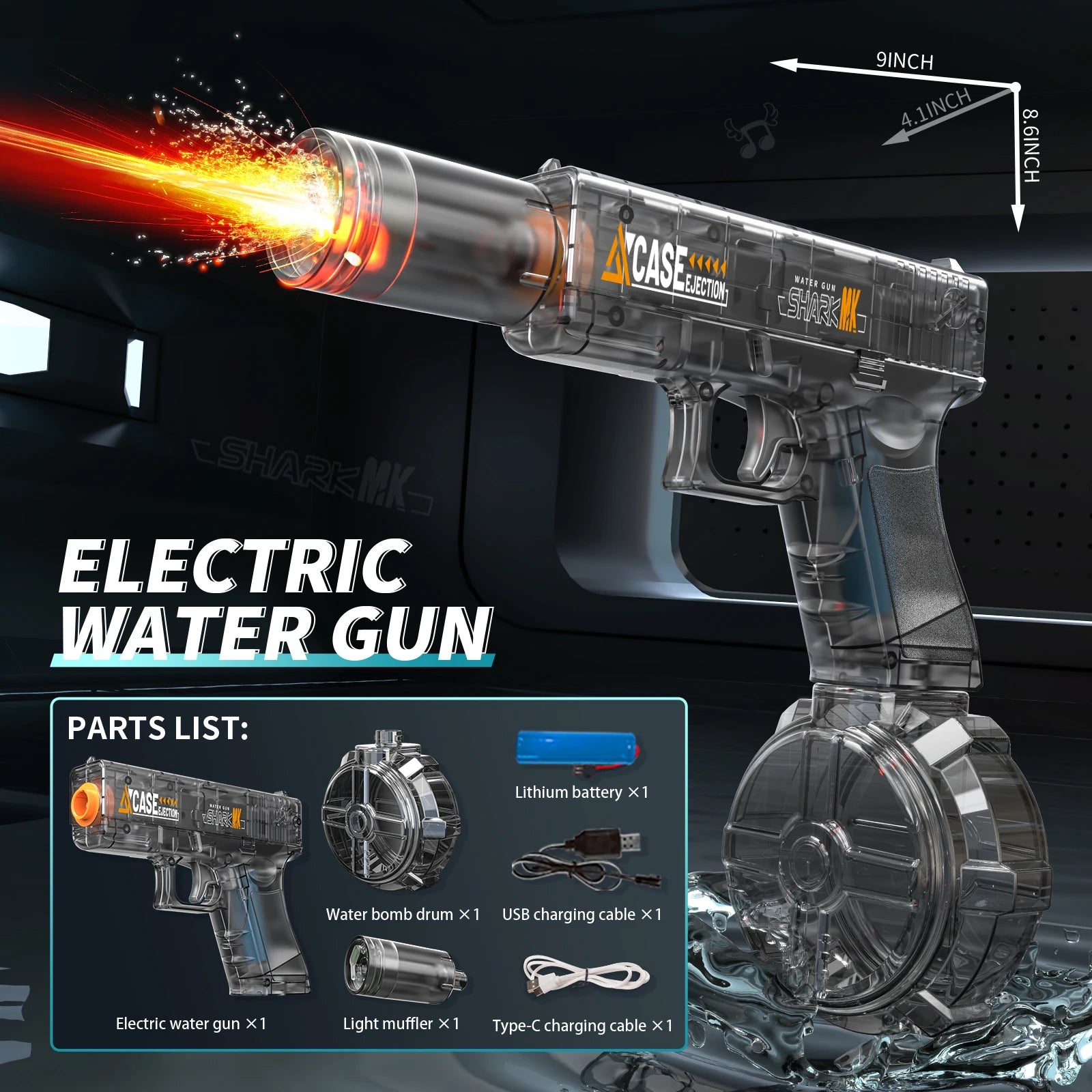 Electric Water Gun, Automatic Squirt with Pistol Realistic Gun Muzzle Flame Summer Outdoor Beach Swimming Pool Party Toy