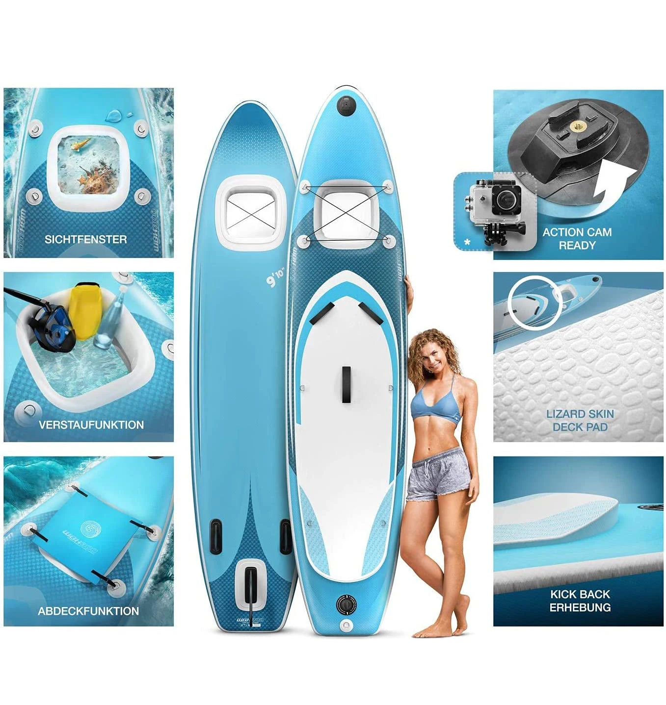 11ft Double Layer Wood Stand up Paddle Board Underwater Viewing SUP Surf Board With Cam Action Kayak Seat Wheel Bag