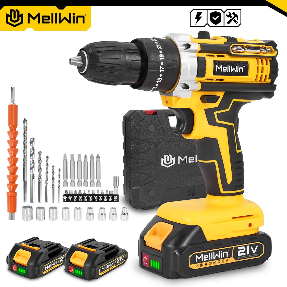 MELLWIN 25+3 Torque Electric Impact Drill 2 Speed ​​Adjustable Cordless Electric Screwdriver Power Tool For Makita 18V Battery Pin